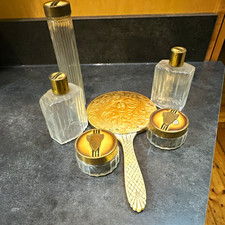 Vintage Art Deco 5-Piece Vanity Set: Hand Mirror, 2 Bottles, 2 Lidded Jars picture