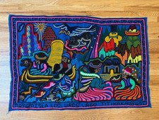 VTG Peru Hand-Embroidered Wool Tapestry Wall Hanging Isla Uros Titicaca Folk Art picture
