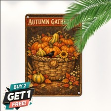 Primitive Rustic Pumpkin Hello Fall Sign Metal Tin Plaque 8x12 Farmhouse picture