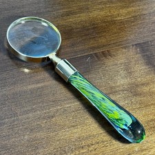 Vintage Art Glass Magnifying Glass Green Blue Swirl Handle 8