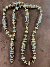 Rare Tibetan Old Agate Dzi Beads W/Agate Dzi *Tiger Teeth* Bead Pendant Necklace picture