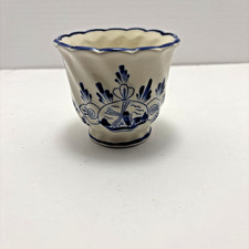 Vintage Delft Blue White Windmill Floral Scalloped Swirl Ceramic Planter Pot 4