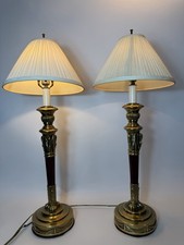 Pair Vintage Stiffel Brass Table Lamps Neoclassical Empire Burgundy Columns 33” picture