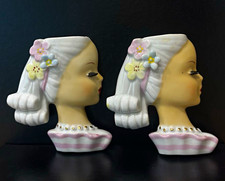 Vintage Japan 1950’s Ceramic Lady Head Wall Pocket Vase Set of 2  picture