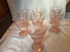 Set of 7 Vintage Pink Depression Glass Footed Tumblers/Goblets picture