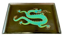 VTG 60s COUROC OF MONTEREY Emerald Green Dragon Serving Tray Black Phenolic 18