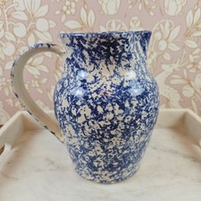 Vintage Blue Spongeware Pottery Pitcher Signed Studio Stoneware Farmhouse Decor picture