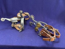 2 PAIR VINTAGE WESTERN COWBOY SPURS ETCHED SIGNED CROCKETT ONE WITH BRASS HORSE picture