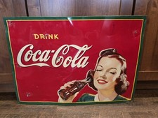 Vintage 1941 Coca Cola Tin Sign Girl With Bottle Pre War WWII Metal Self Framed picture