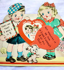 Large Vintage Valentine’s Day Mechanical Die Cut Card 2 Hearts are 1 Moving Part picture
