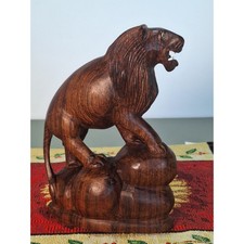 Vintage Hand Carved Indian Hardwood Lion Figurine Sculpture 8” Folk Art picture