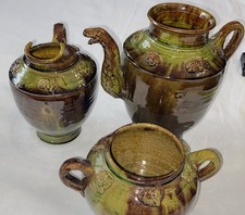 Vintage Chocolate Green Drip Glaze Art Pottery 3 piece Set Raised Flowers  picture