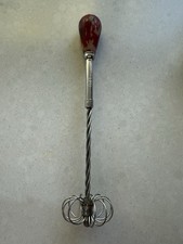 Antique 1930s English Mechanical Push Whisk Egg Beater Red Wood Handle WORKS picture
