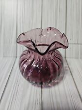 Amethyst Ruffled Hand Blown Art Glass Vase  Pontil Bottom Vintage picture