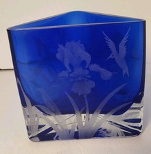 Jaguar Glass Cobalt Blue Triangle Vase/Votive Holder.Etched Iris and Hummingbird picture