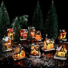 10 Pcs Christmas Village Sets Village Houses with Figurines LED Lighted Chris... picture