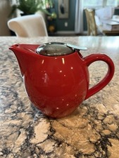 Vintage Hues N Brews Ceramic Teapot w Stainless Infuser/Strainer Basket Lid Red picture