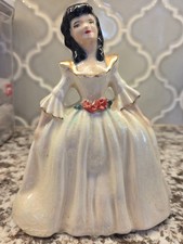 Vintage Ceramic Lady Figurine Pink Iridescent Dress Black Hair Unmarked picture