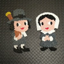 Vtg Melted Plastic Popcorn PILGRIM Boy+ Girl Thanksgiving Wall Door Window Decor picture