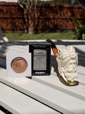 Vintage Bearded Cavalier Meerschaum Pipe, Harley Davidson Lighter & Copper Coin picture