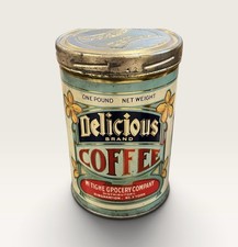 Antique 1920s Delicious Brand Coffee Tin Can 1 lb McTighe Grocery NY Litho picture