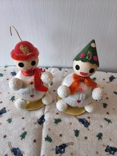 Vintage Japan Spun Satin Snowman Figures Ornaments Hat Red Bow Hooks LOT OF 2 picture