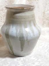 Artisan Pottery Stoneware? Vase~ Drip Glaze Crackle Finish Tan/Ivory/Gray Signed picture