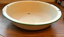 Vintage Green & Cream Enamelware Bowl Basin Round Solid Bowl with Green Rim picture