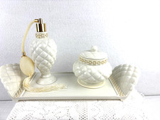 Vtg 3 pc Avon Quilted White Porcelain Faux Pearl Vanity Set White 1990 NIB picture