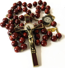Large 20Mm Red Rosewood Wood Beads Wall Rosary St. Benedict Crucifix Wooded Cros picture