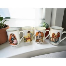 Vintage 1981 Norman Rockwell Museum Coffee Mugs Set of 4 Gold Trim Porcelain picture