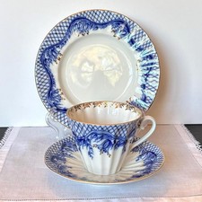 Lomonosov Imperial Porcelain Blue Rhapsody Trio Cup/Saucer/Plate 22kt Gold Trim picture