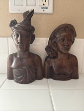 Vintage Bali Teak Wood Busts Pair Hand Carved Balinese Sculpture Man Woman Decor picture