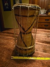 Rare Vintage Ghana Talking Drum Hand Carved/ Woodburned African Folk Art picture