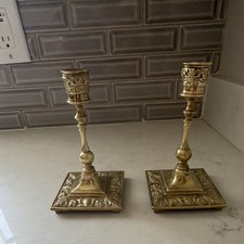 Victorian Gothic Revival Brass Candlestick Holders Square Bases Antique picture