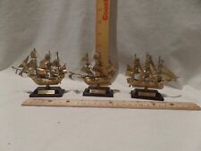 VINTAGE LOT OF 3 SMALL FAMOUS - METAL SAILBOATS WITH DISPLAYS-GOLD TONE picture
