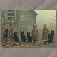 POSTCARD Girl Black Cat Weird Creepy Pet Old Vibe Unusual Cute Scary Strange Fun picture