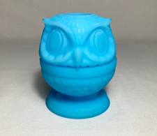 Vintage Fenton Owl Fairy Lamp Blue Satin Glass Tea Light Candle Holder picture