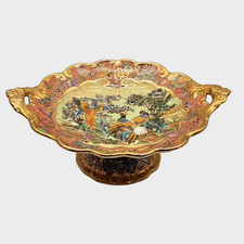 VTG Satsuma Moriage Pedestal Tray Double Handle Scalloped Cranes Peacocks 14.5