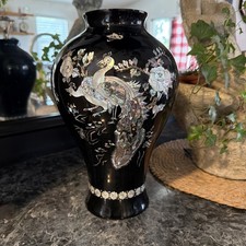 Korean MOP Inlay Lacquerware Vase Peacock & Abalone Motif Signed Studio Piece picture