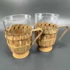 Schott Mainz Gen JENA Glass German Marked Cup Mug Clear With Wood Inserts Set 2 picture