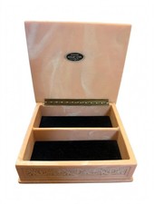 Vintage Genuine Incolay Stone Jewelry Box Pink Cherub Relief Velvet Lined USA picture