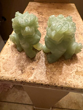 Antique Chinese Pair of Green Jade Foo Dog Figurines Statues picture