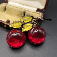 Vintage Austrian Cherry Brooch Glass Retro Large Red Fruit Jewelry picture
