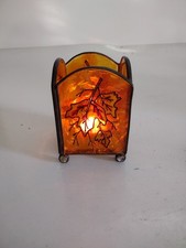 Autumn Leaf Candle Holder Amber Orange Glass Panel Metal Frame Fall Decor 5