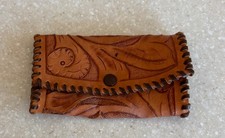 Vintage Hand Tooled Leather Key Holder Pouch Floral Pattern Snap Close picture