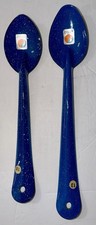 Vintage Cinsa Enamelware Blue Speckled Serving Spoons 2 Pc Mexico Large 12 /13.5 picture