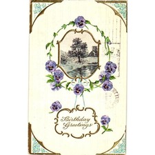 Antique Embossed Birthday Greetings Postcard with Pansies & Pastoral Scene picture