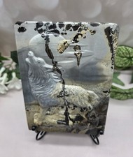Picture Jasper Howling Wolf Relief Carved Slab Stone Plaque w Metal Stand picture