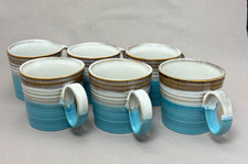 Roscher Stoneware Coffee Mugs Set of 6 Turquoise Blue Brown Dip Glaze Ribbed Cup picture